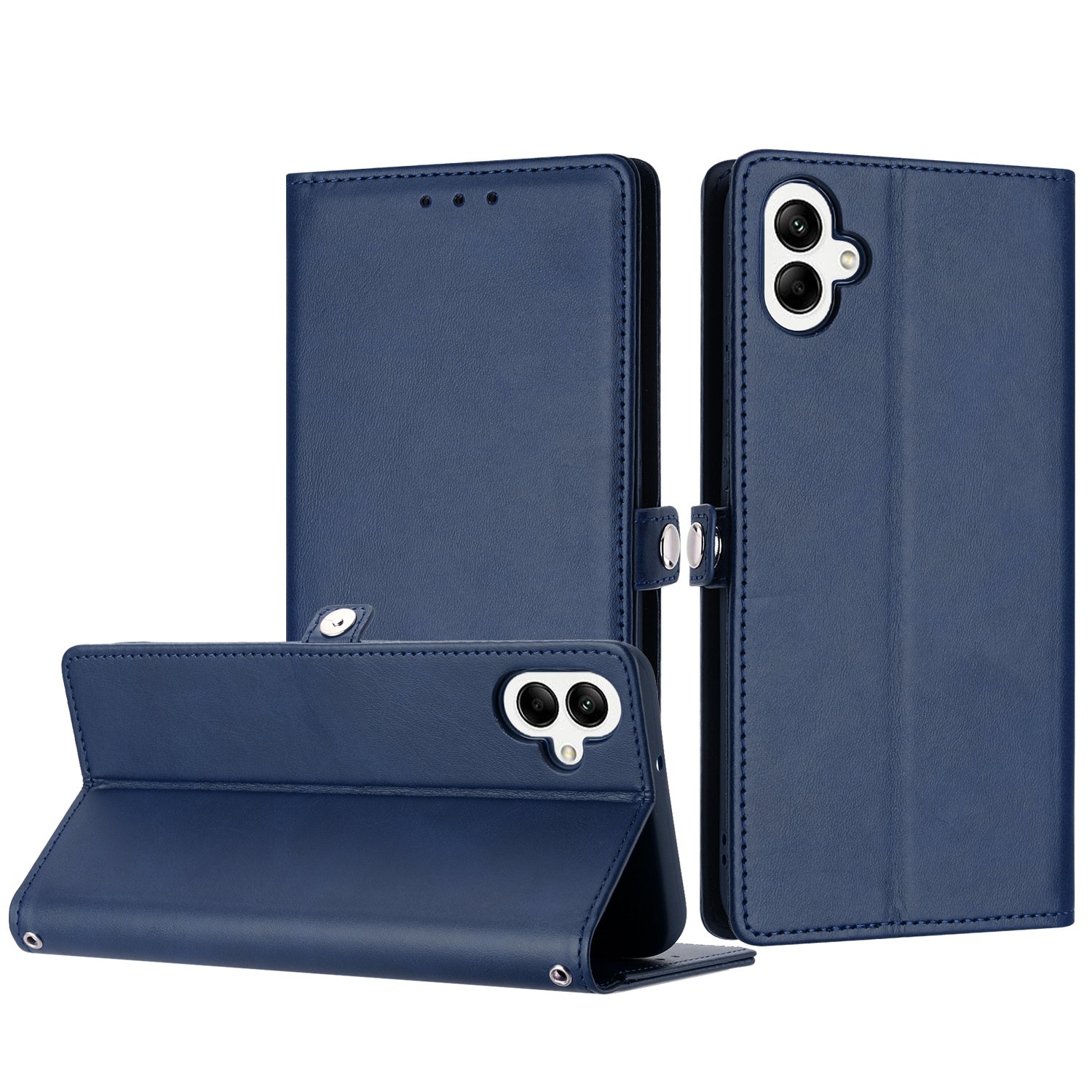 Galaxy A05 LEATHER Wallet Case: Navy Blue Folio Cover with Card Slots and Wrist Strap