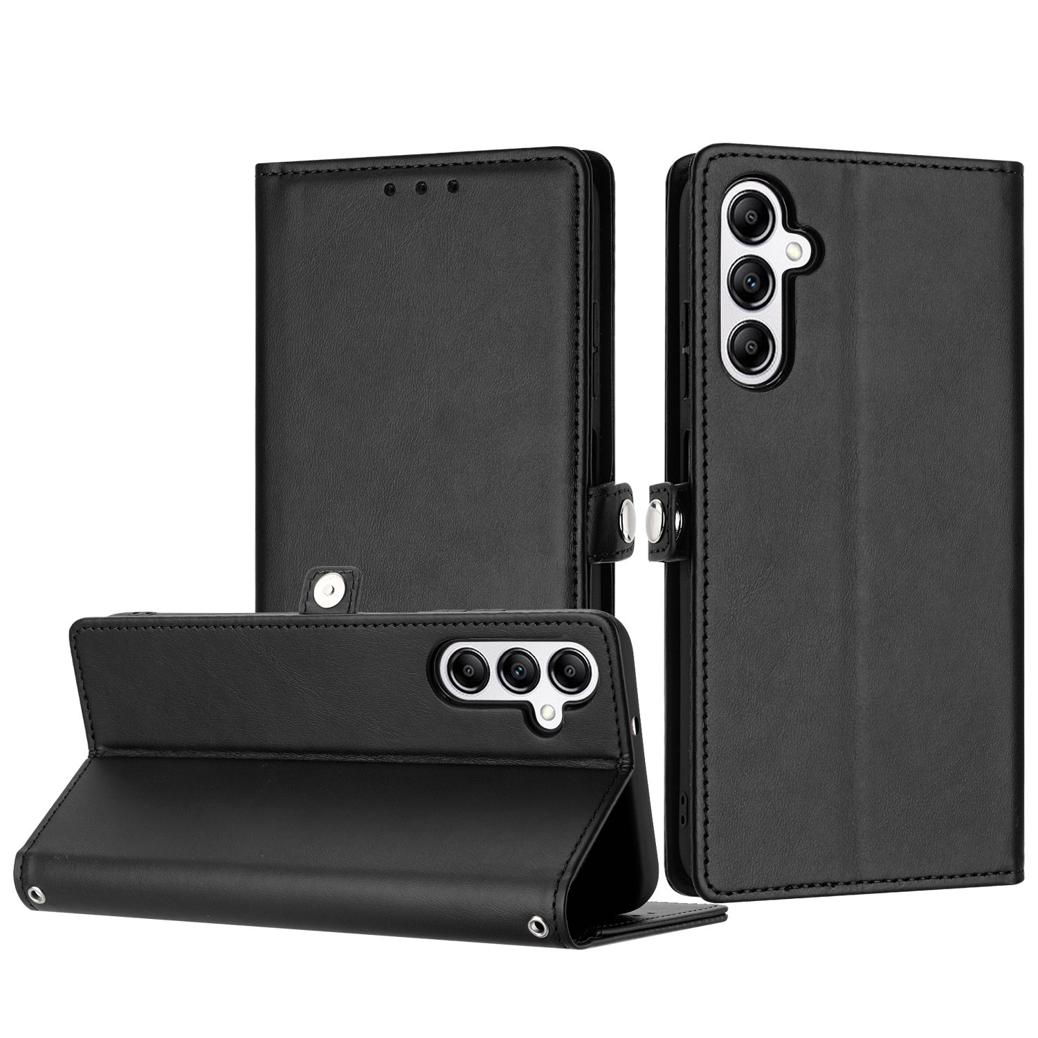 Samsung Galaxy A05s LEATHER Wallet Case: Card Slots, Wrist Strap, Black PU Folio Cover