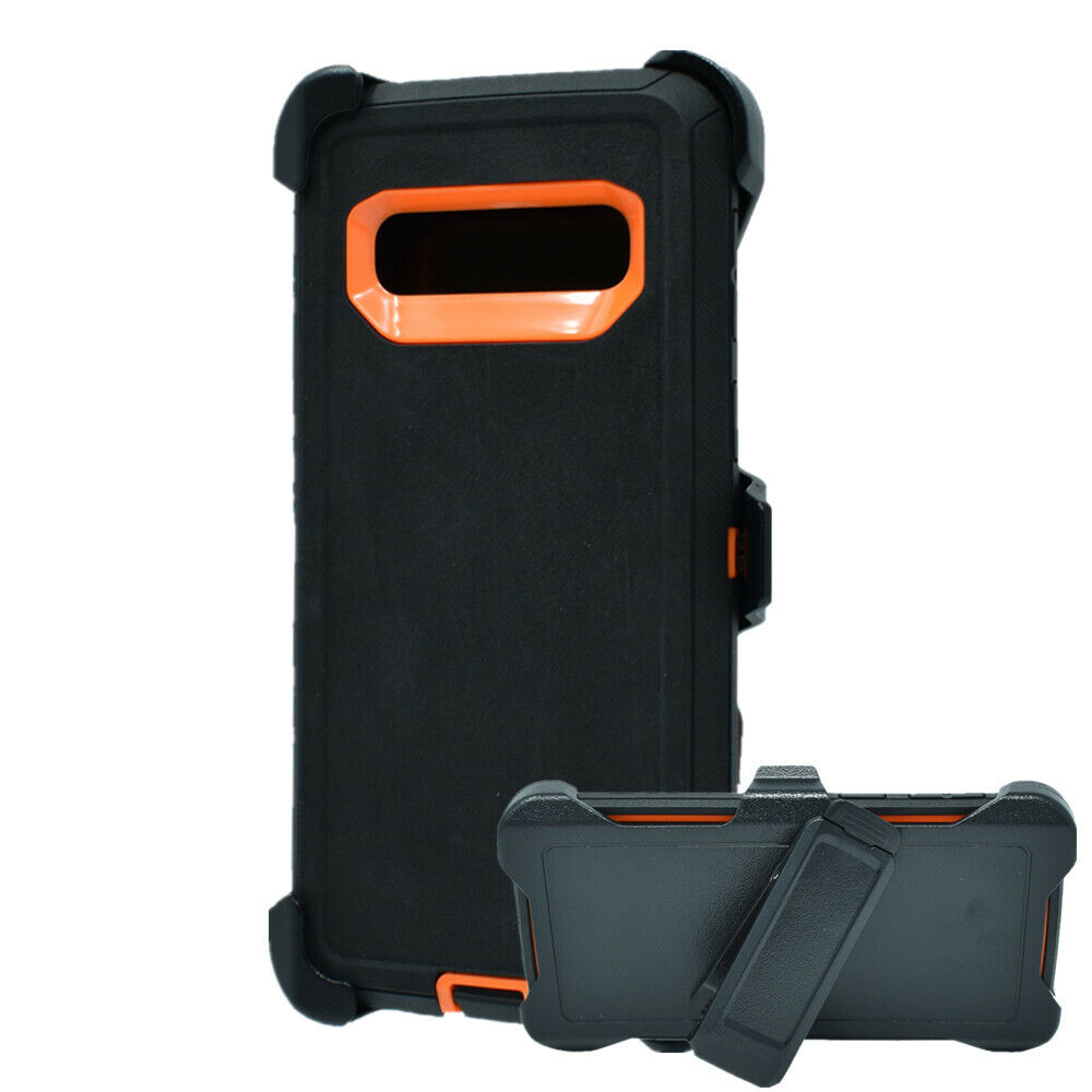 Rugged Armor Robot Case with BELT Clip for Samsung Galaxy S10 - Black & Orange Protection