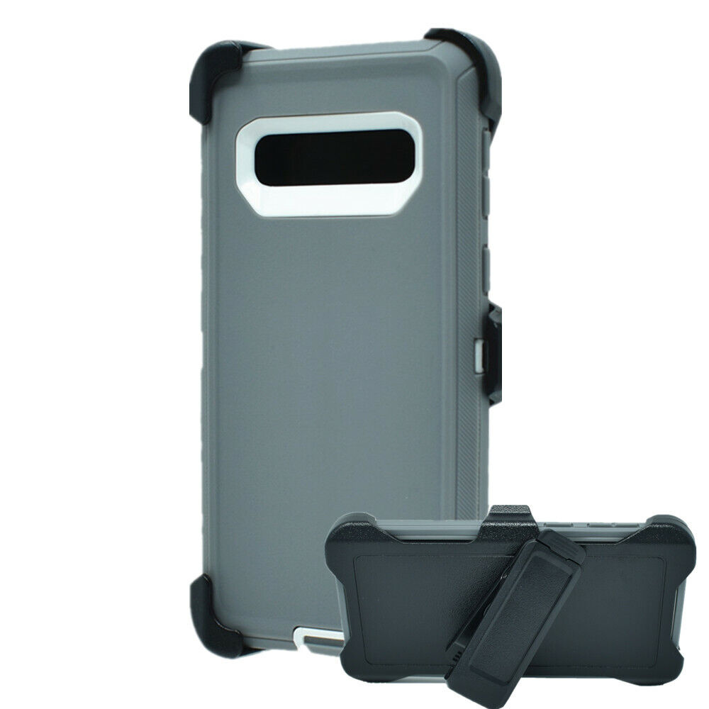 Heavy Duty Armor Robot Case with BELT Clip for Samsung Galaxy S10 Plus - Gray/White Protection