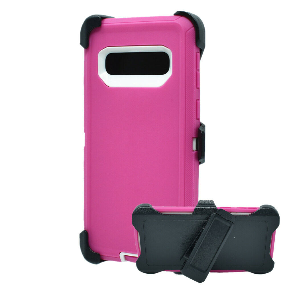 Rugged Armor Robot Case with BELT Clip for Samsung Galaxy S10 - Pink & White Protection