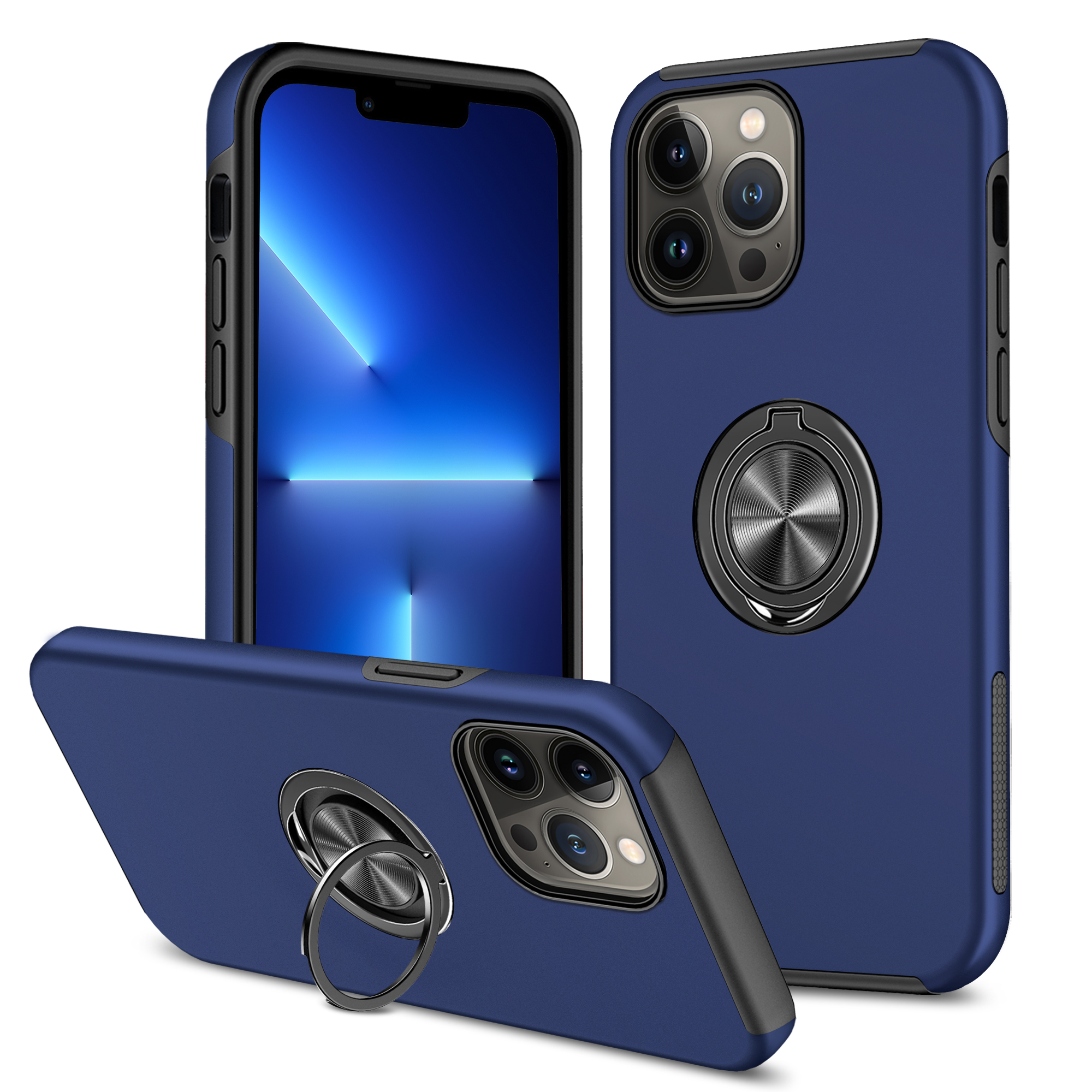 Glossy Dual Layer Armor Hybrid Stand Ring Case for iPHONE 14 Plus (Blue)