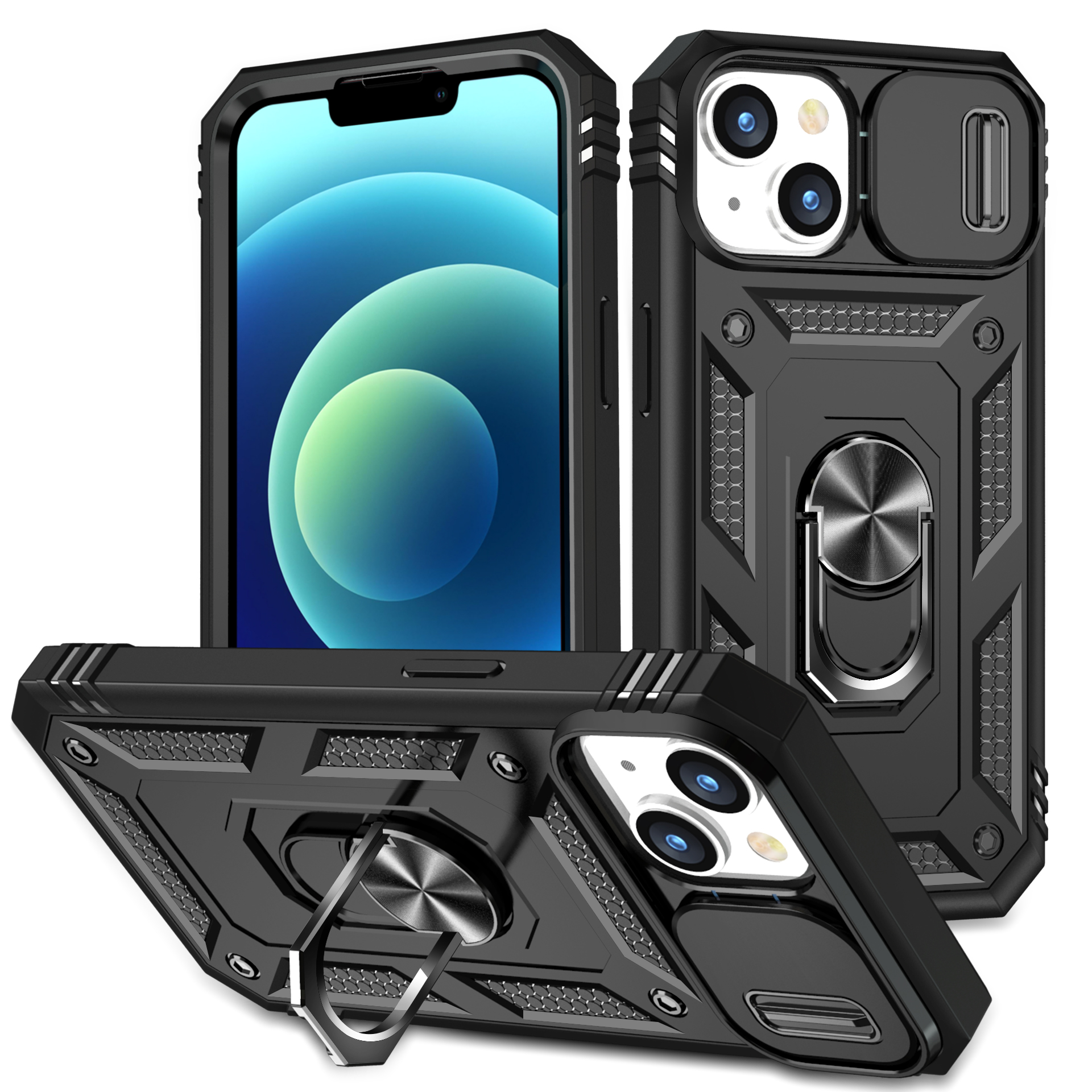 Heavy Duty Tech Armor RING Stand Lens Cover Case for iPhone 14 [6.1] (Black)