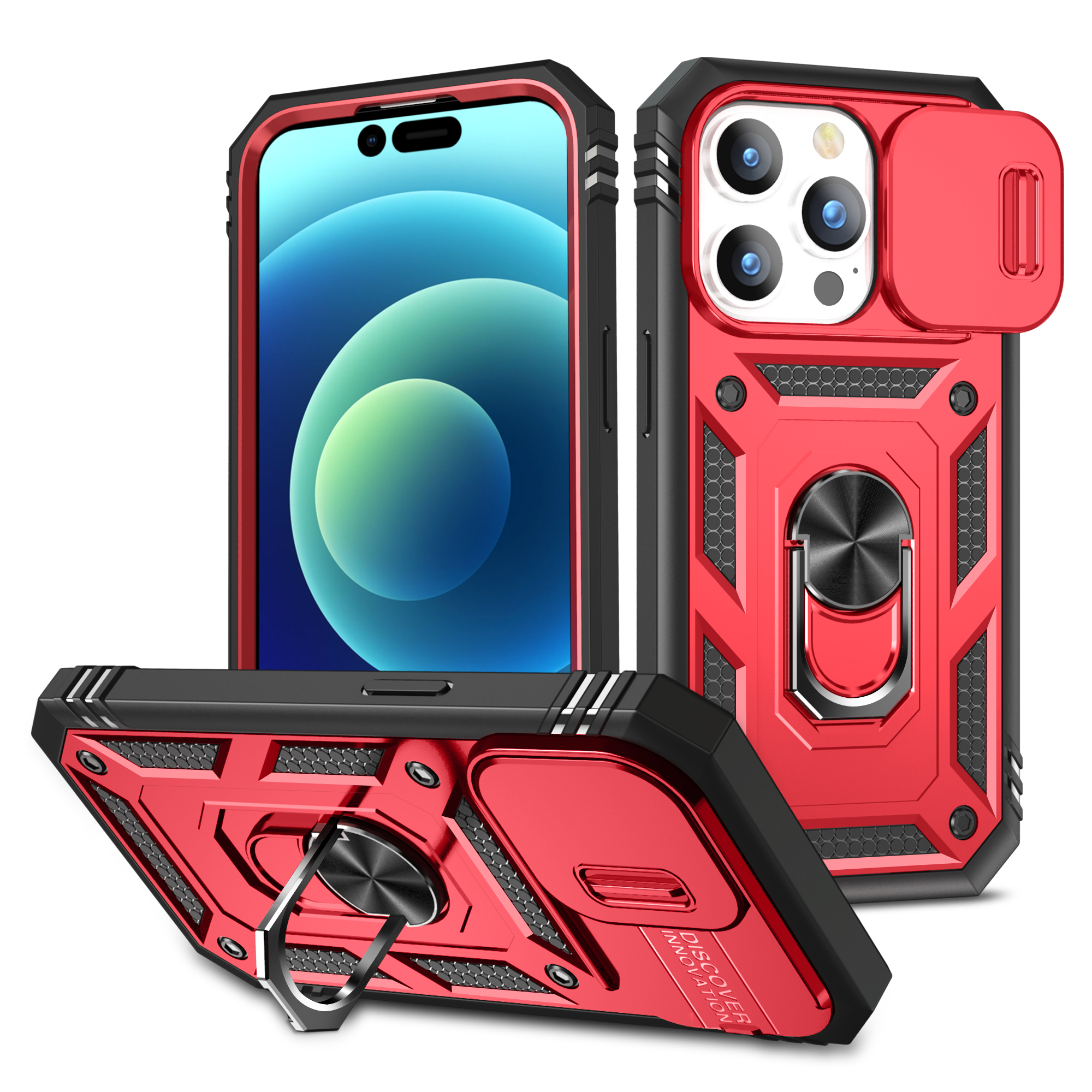 Heavy Duty Tech Armor RING Stand Lens Cover Case for iPhone 14 Pro (Red)