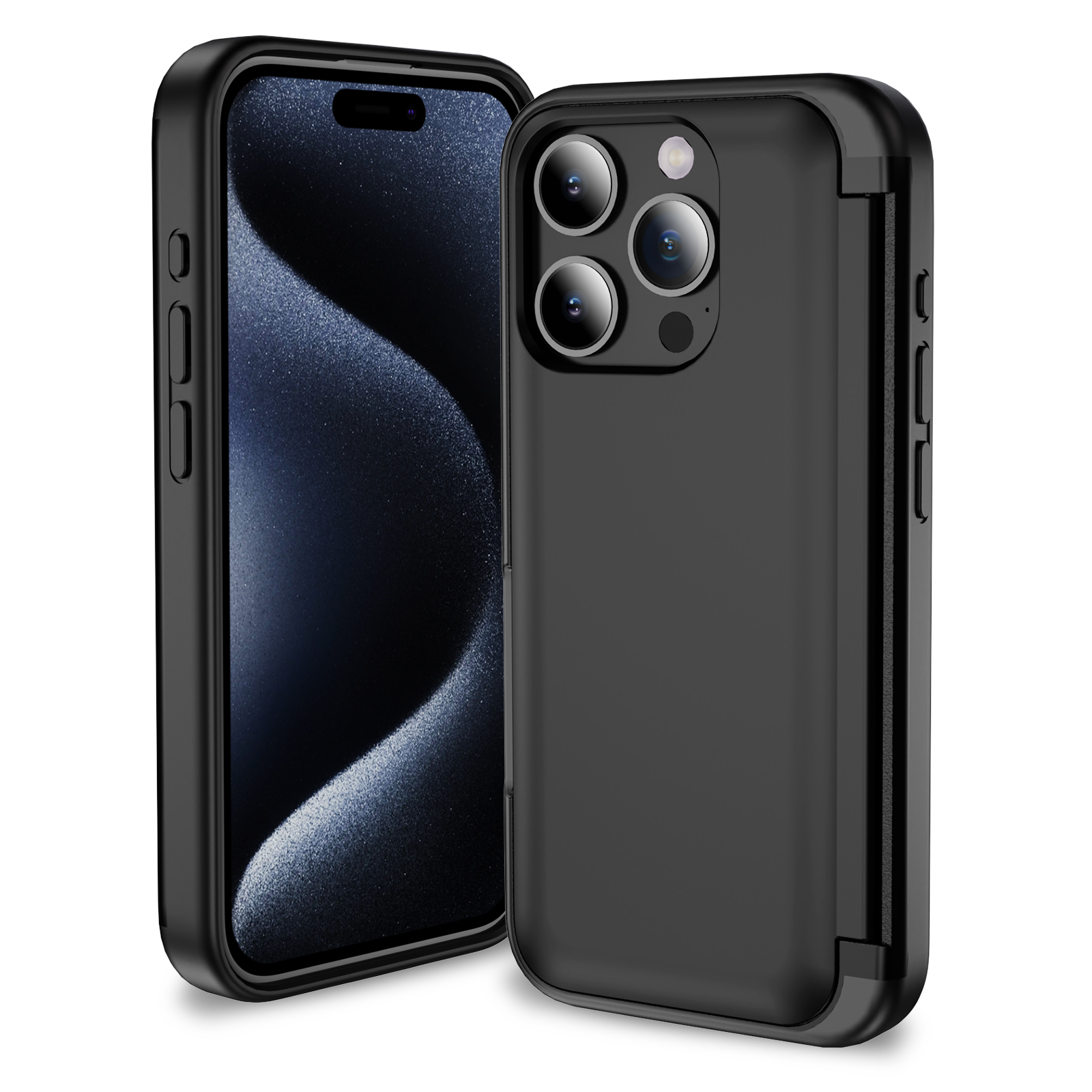 MATTE Armor Case for iPhone 15 Pro: Magnetic Clasp, Card Holder, Kickstand (Black)