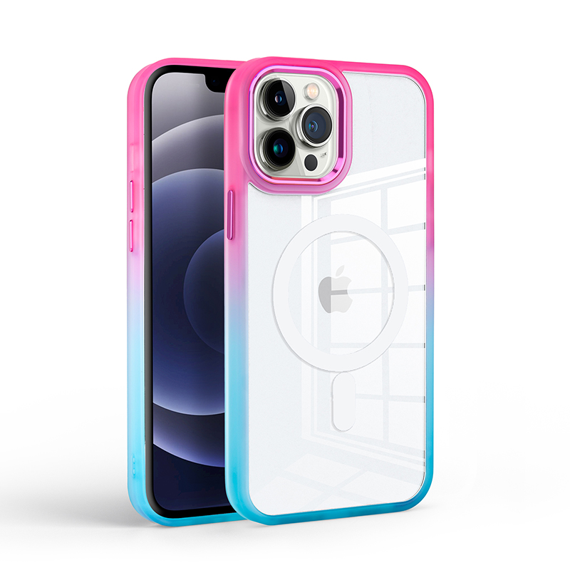 Clear RAINBOW Gradient MagSafe Case for iPhone 15 - Bumper Protection (Hot Pink/Blue)