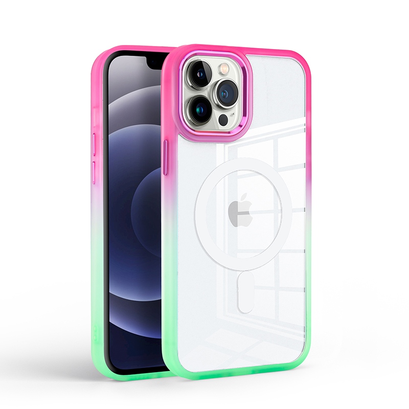 Clear RAINBOW Gradient iPhone 15 Pro Max Case: MagSafe Compatible, Bumper Protection (Pink/Green)