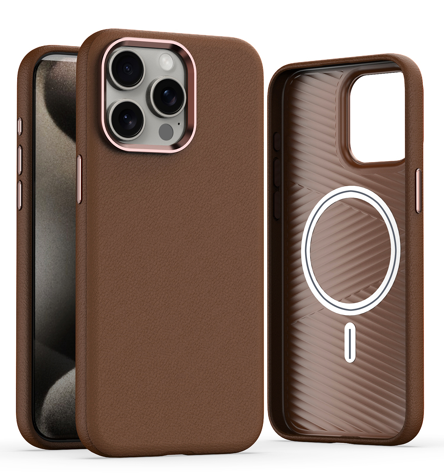 Slim PU Leather MagSafe Case for iPhone 15 Pro Max - Luxury Shockproof Cover (BROWN)