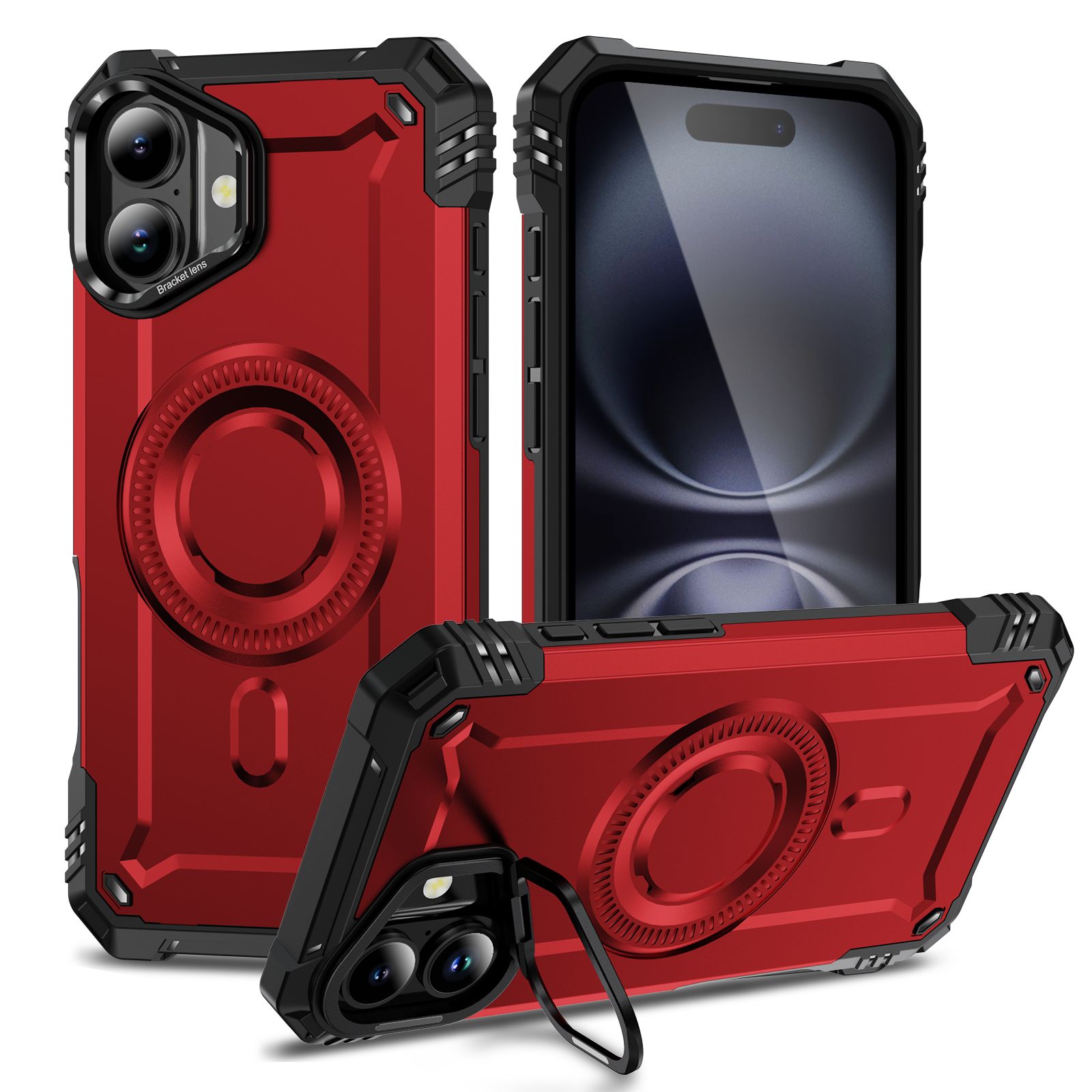 MagSafe Military-Grade ShoCkproof Case With KiCkstand for iPhone 16, Full Body ProteCtion - Red