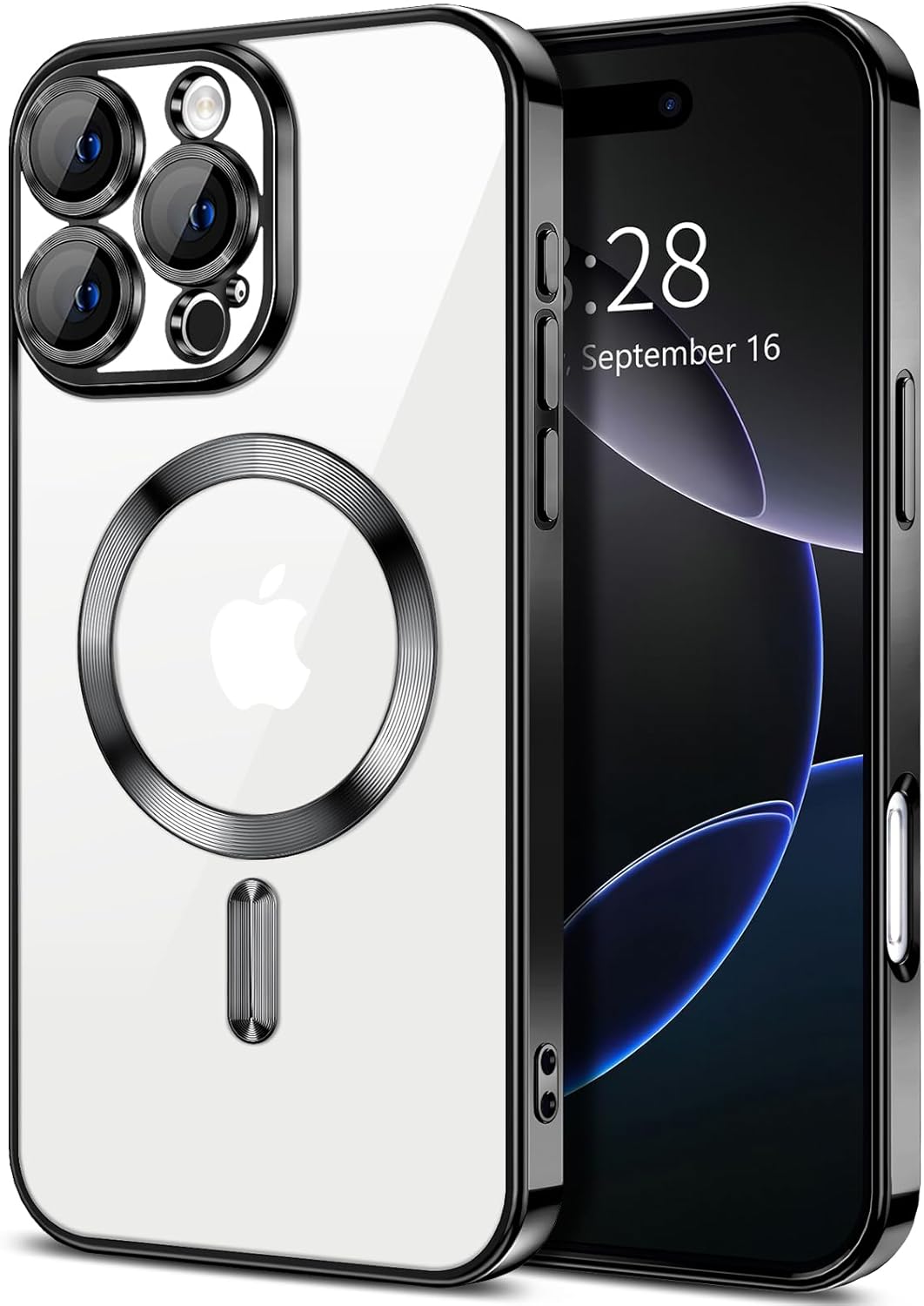 Premium Chrome Ring Case - MAGNETic Clear Cover with Camera Protection for iPhone 16 Pro Max Black