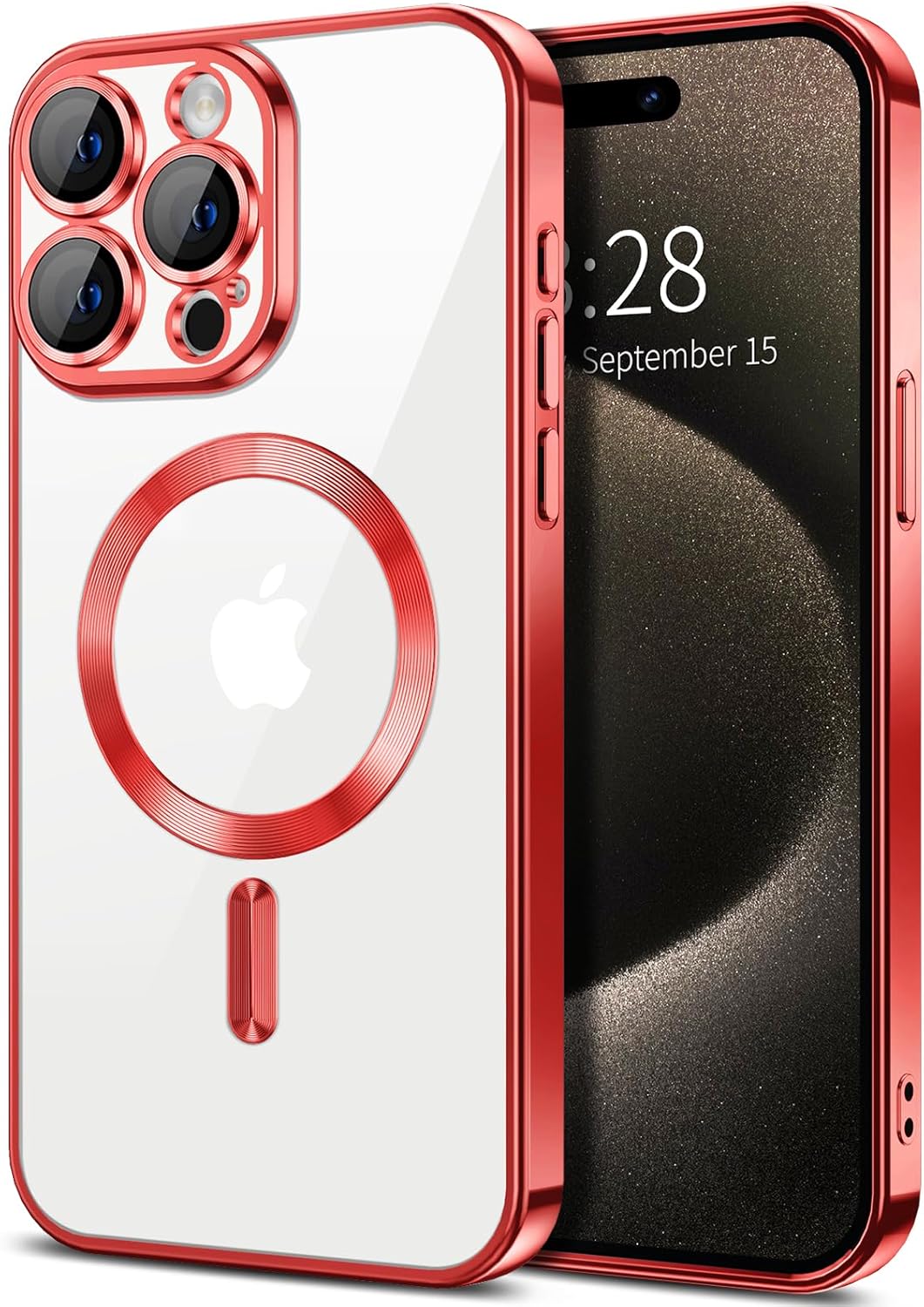 Premium Clear MAGNETic Ring iPhone 16 Pro Max Case with Camera Protection - Chrome Design, Red