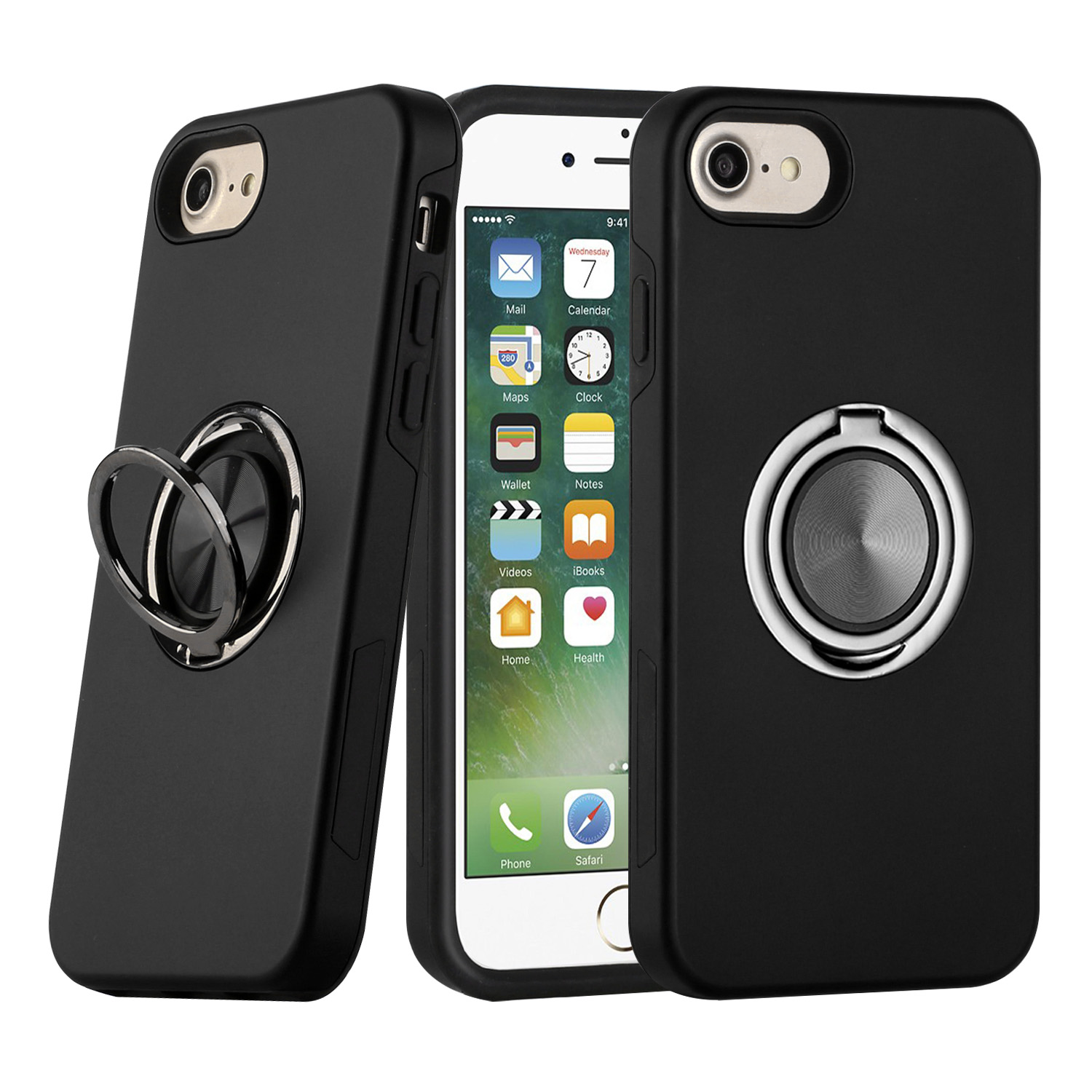 Glossy Dual Layer Armor Hybrid Flat RING Case for iPhone 8 Plus / 7 Plus (Black)