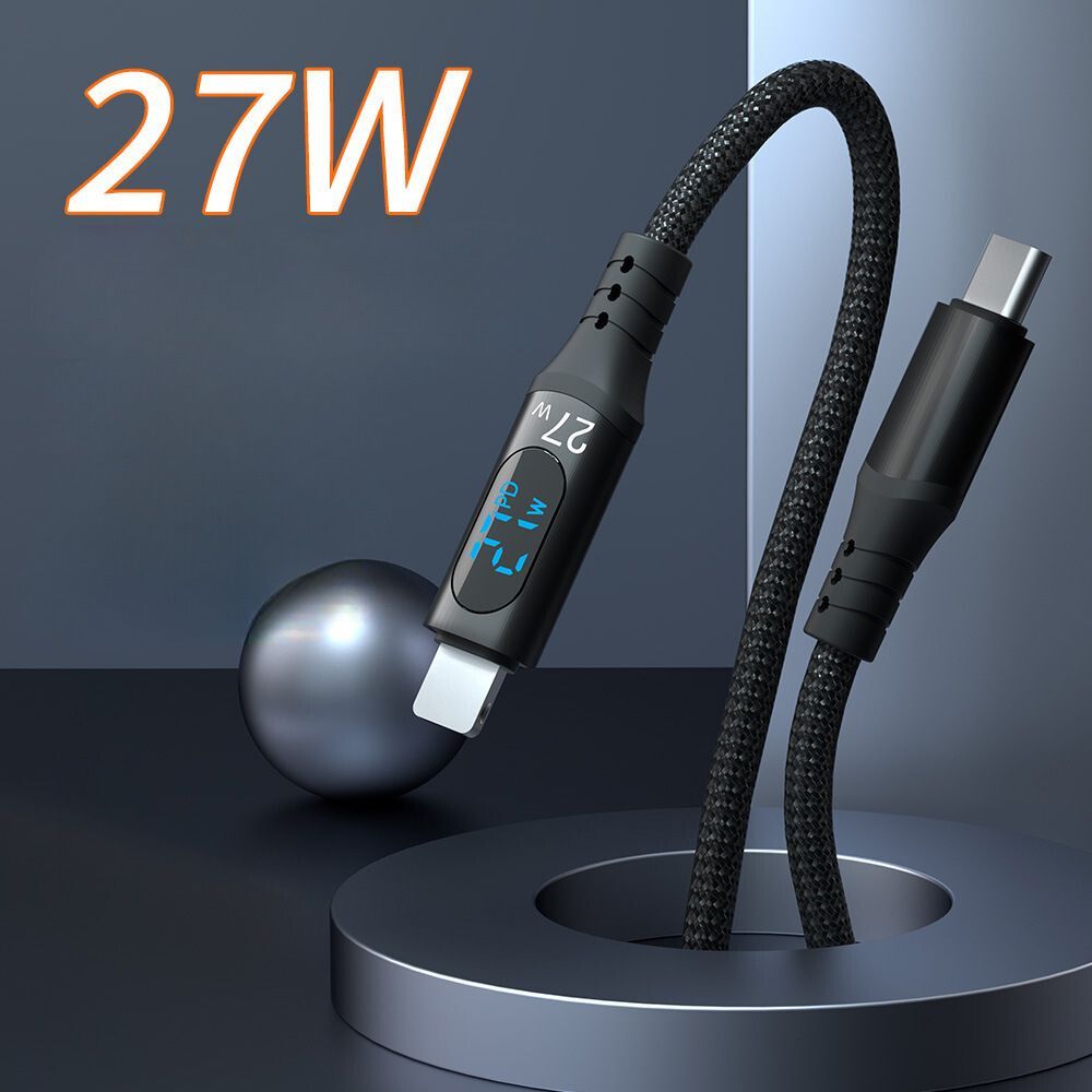 27W PD Fast USB-C to Lightning Cable: 3ft Woven Cord with LED Display for iPhone & iPad