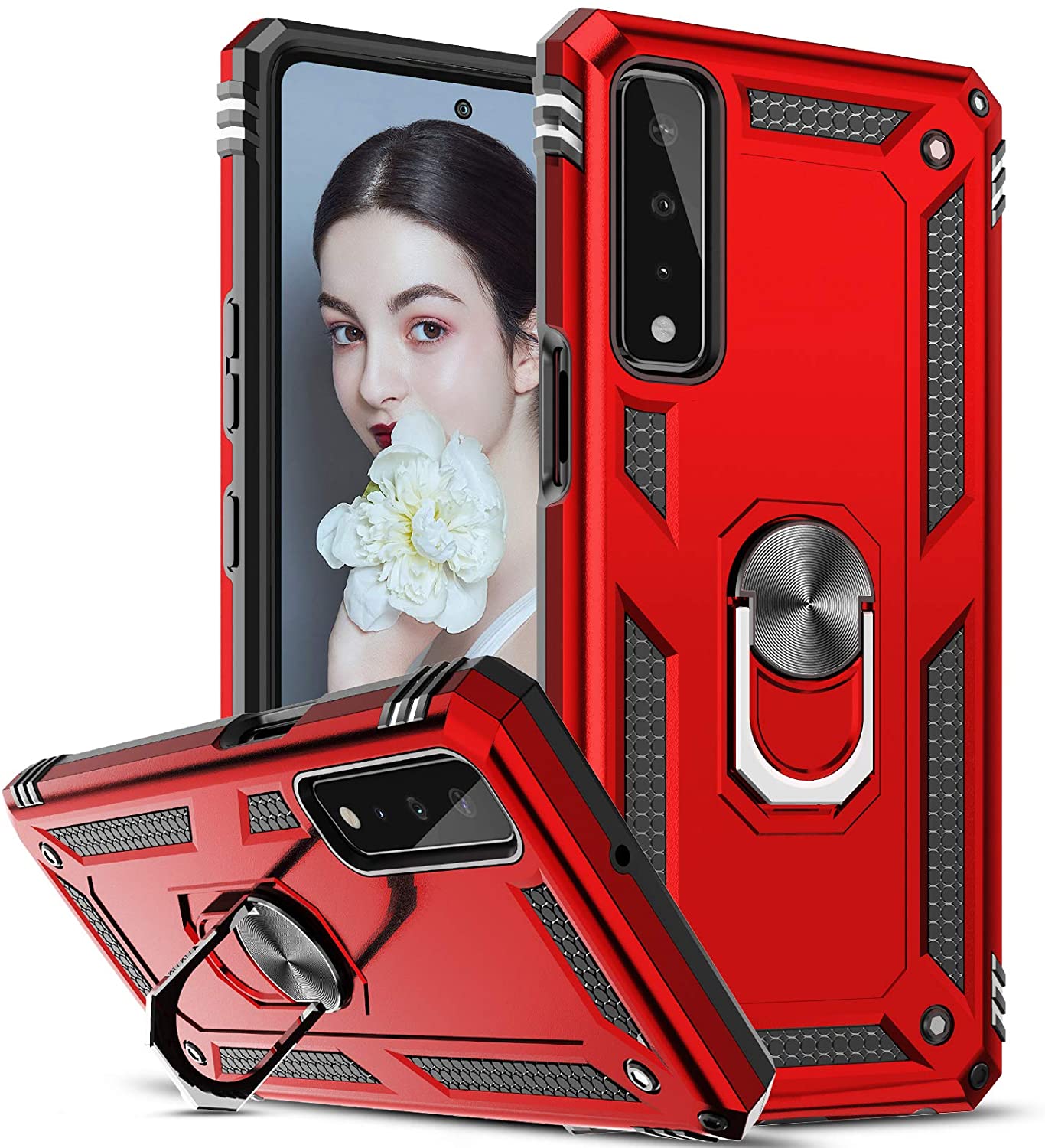 Tech Armor RING Stand Grip Case with Metal Plate for LG Stylo 7 4G [Not for Stylo 7 5G] (Red)