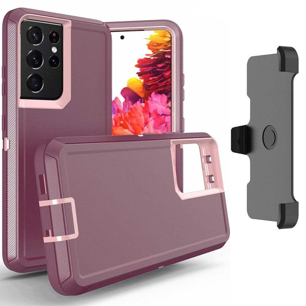 Heavy Duty Armor Robot Case with Clip for Samsung Galaxy S22 Ultra (Burgundy Pink)