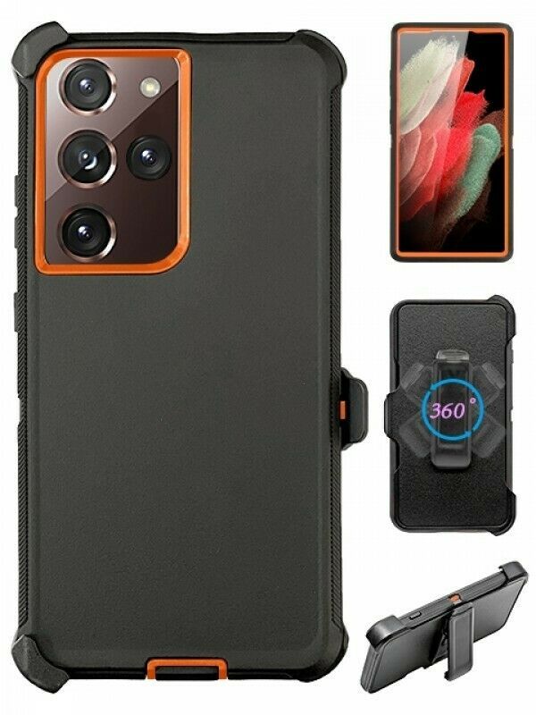 Premium Armor Heavy Duty Case with Clip for Samsung Galaxy S21 Ultra (6.9 inch) (Black Orange)