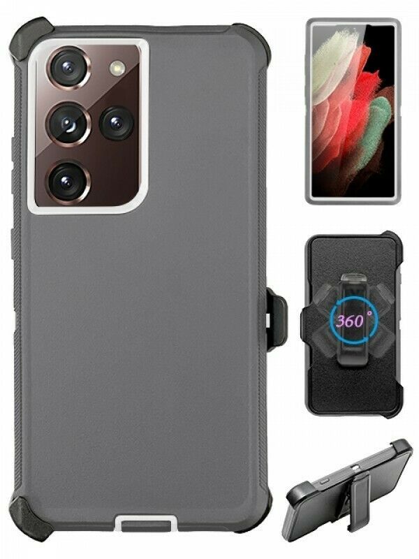 Rugged Armor Robot Case for Samsung Galaxy S24 5G: Heavy-Duty Protection with BELT Clip (Gray/White)