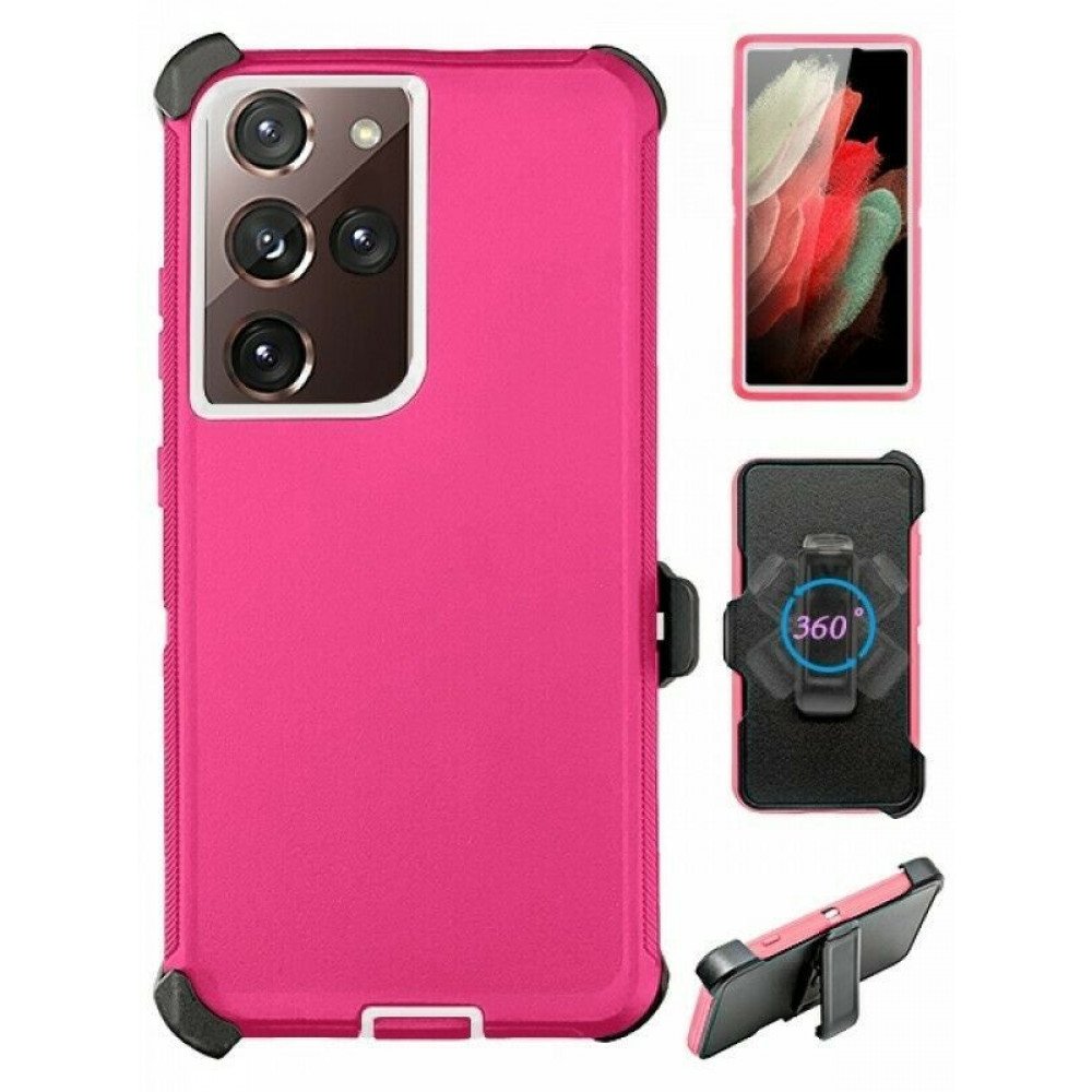 Heavy Duty Armor Robot Case with Clip for Samsung Galaxy S22 Ultra (HotPink White)