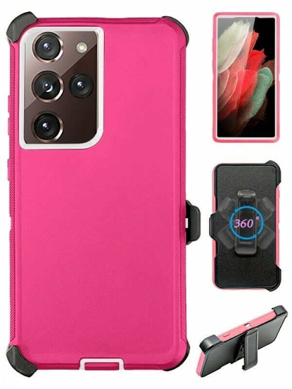 Premium Armor Heavy Duty Case with Clip for Samsung Galaxy S21 Ultra (6.9 inch) (HotPink White)