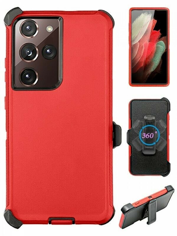 Premium Armor Heavy Duty Case with Clip for Samsung Galaxy S21 Ultra (6.9 inch) (Red Black)