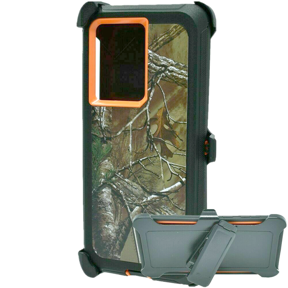 Rugged Tree Orange Camo Case with BELT Clip for Samsung Galaxy S24 Plus 5G - Heavy-Duty Protection