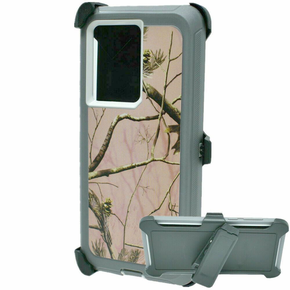 Premium Camo Heavy Duty Case with Clip for Samsung Galaxy S22 Ultra (Tree Pink)