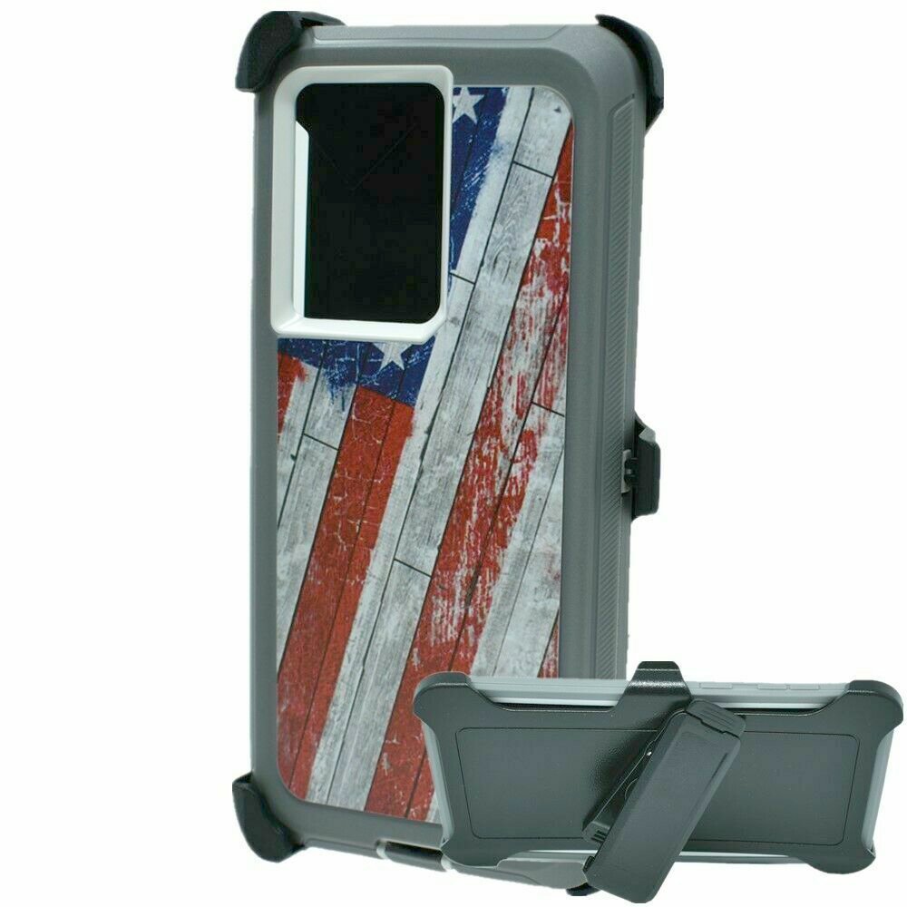 Premium Camo Heavy Duty Case with Clip for Samsung Galaxy S22 Ultra (USA Flag)