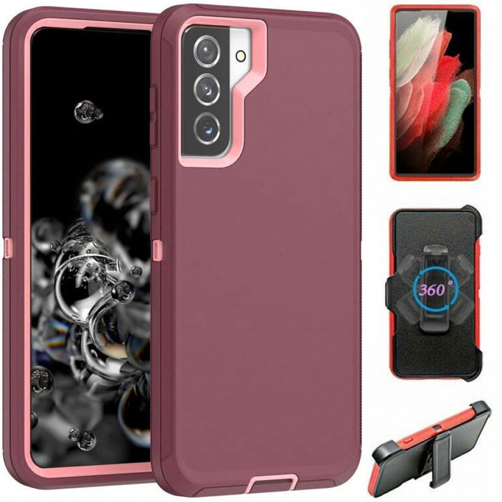 Heavy Duty Armor Robot Case with Clip for Samsung Galaxy S22 (Burgundy Pink)