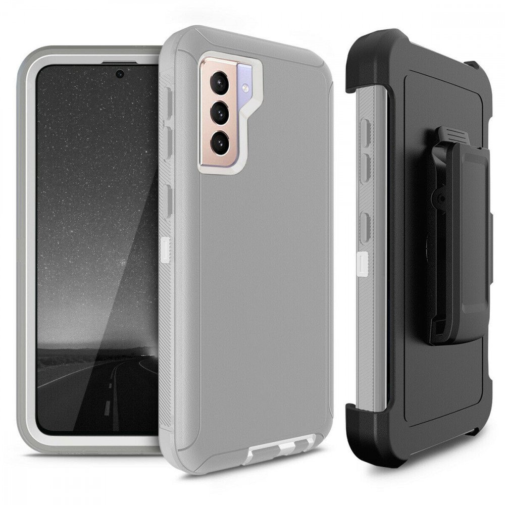Heavy Duty Armor Robot Case with Clip for Samsung Galaxy S22 (Gray White)