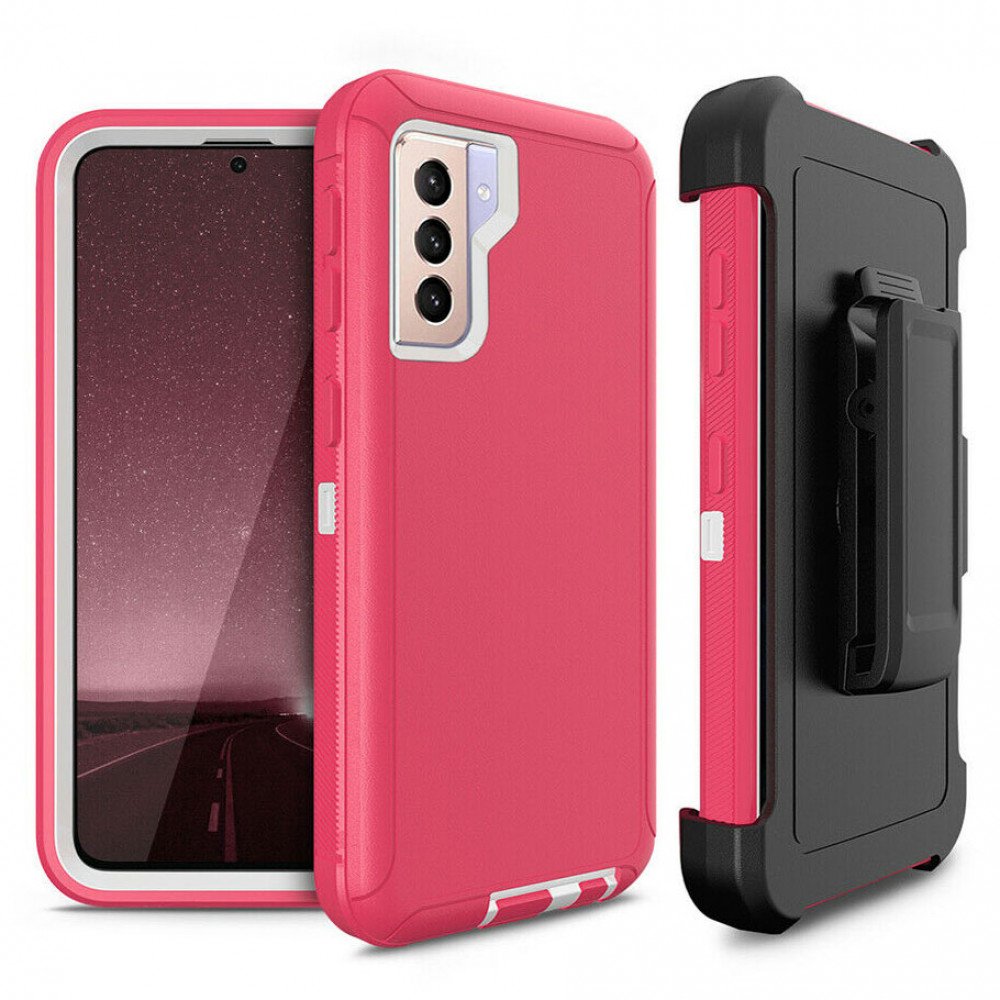 Heavy Duty Armor Robot Case with Clip for Samsung Galaxy S22 (HotPink White)