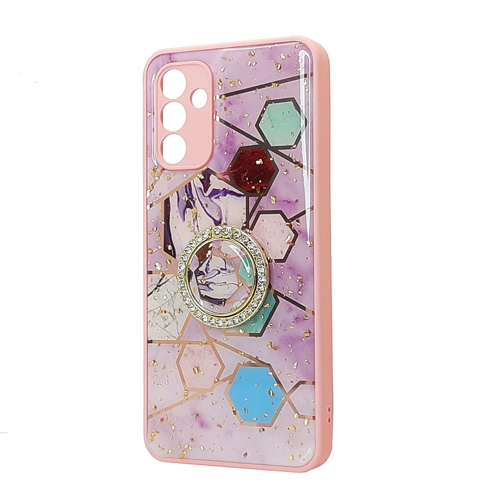 Marble Design Bumper Edge Diamond RING Case for Galaxy A13 5G (Pink-B)