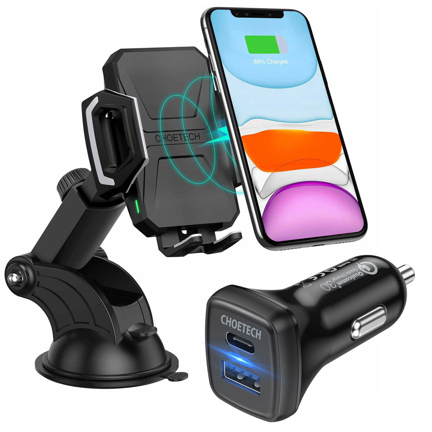 Car Dock 10W Fast Wireless Charger Windshield Car Mount with Car Adapter T521W (Black)