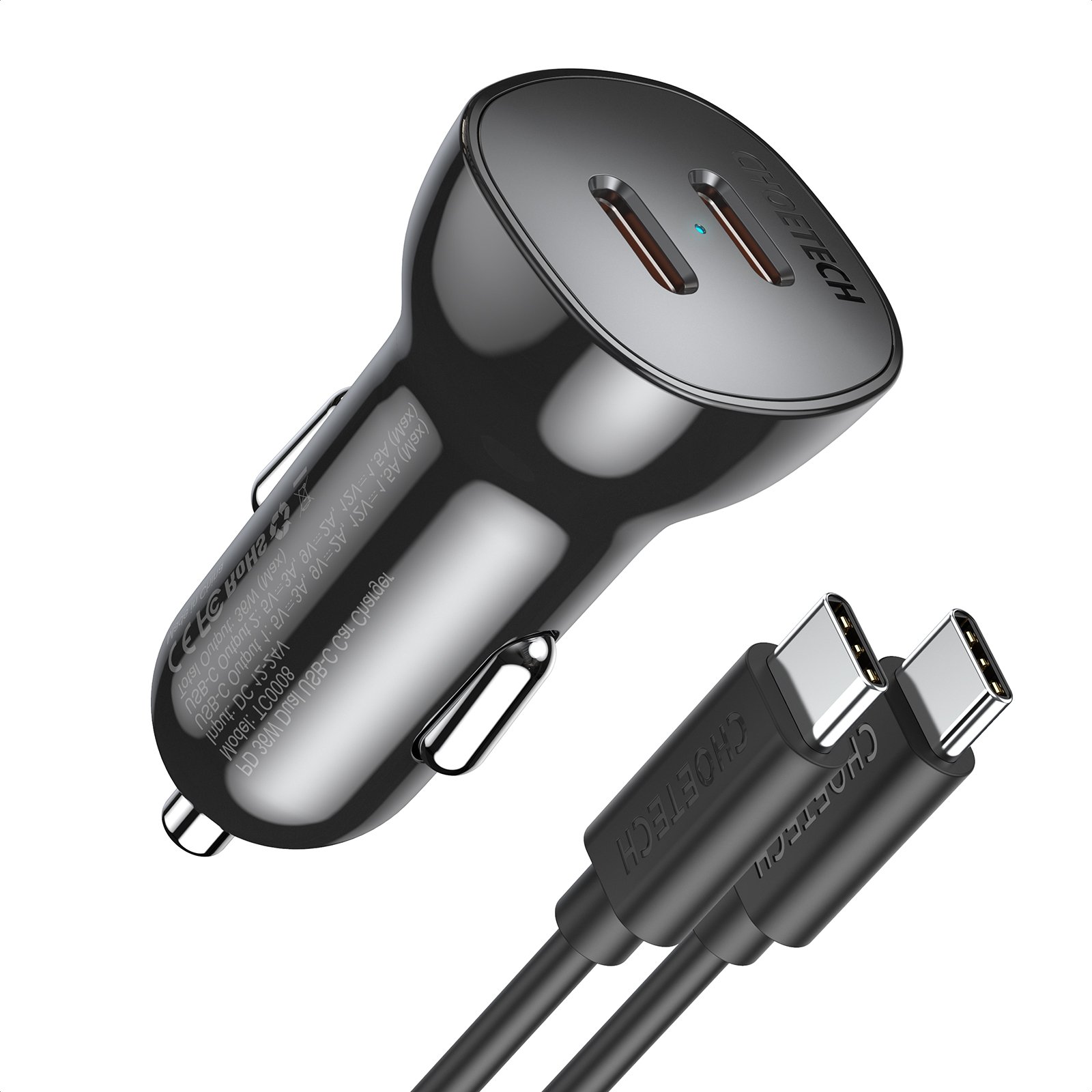 36W MAX Dual Port USB C / Type C Car Charger with Type-C Cable (Black)