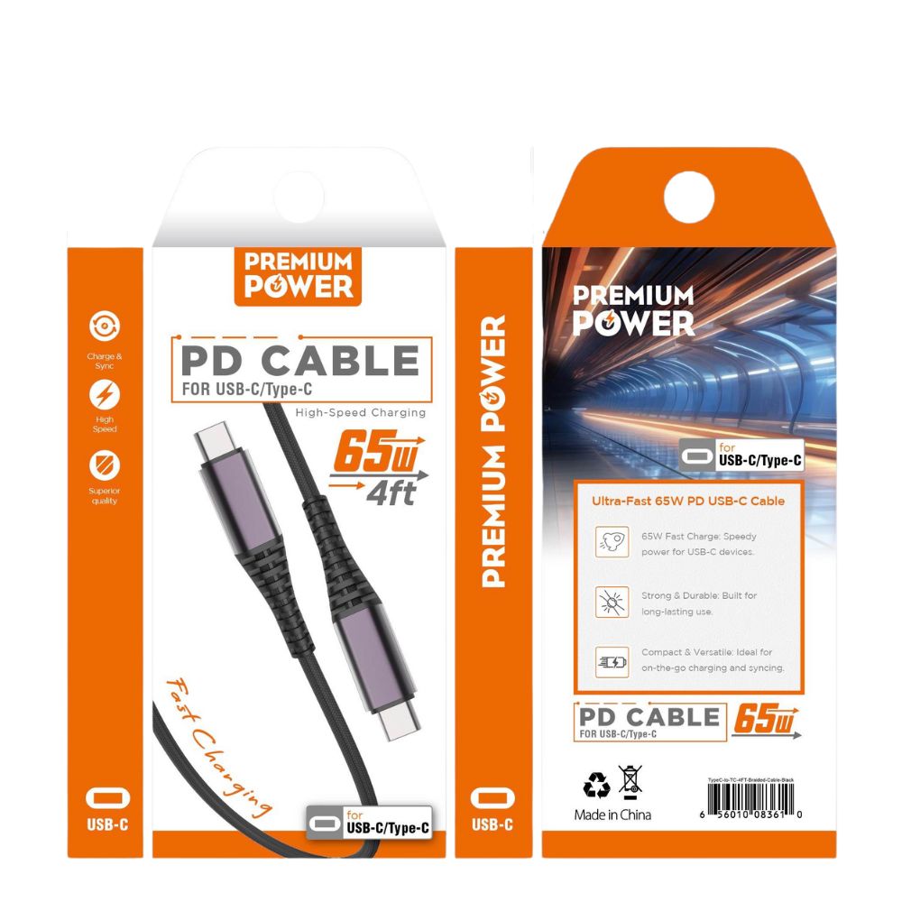 4FT 65W Fast Charging Type-C Cable, Braided USB-C to USB-C Data Transfer Cord for Phones (Black)