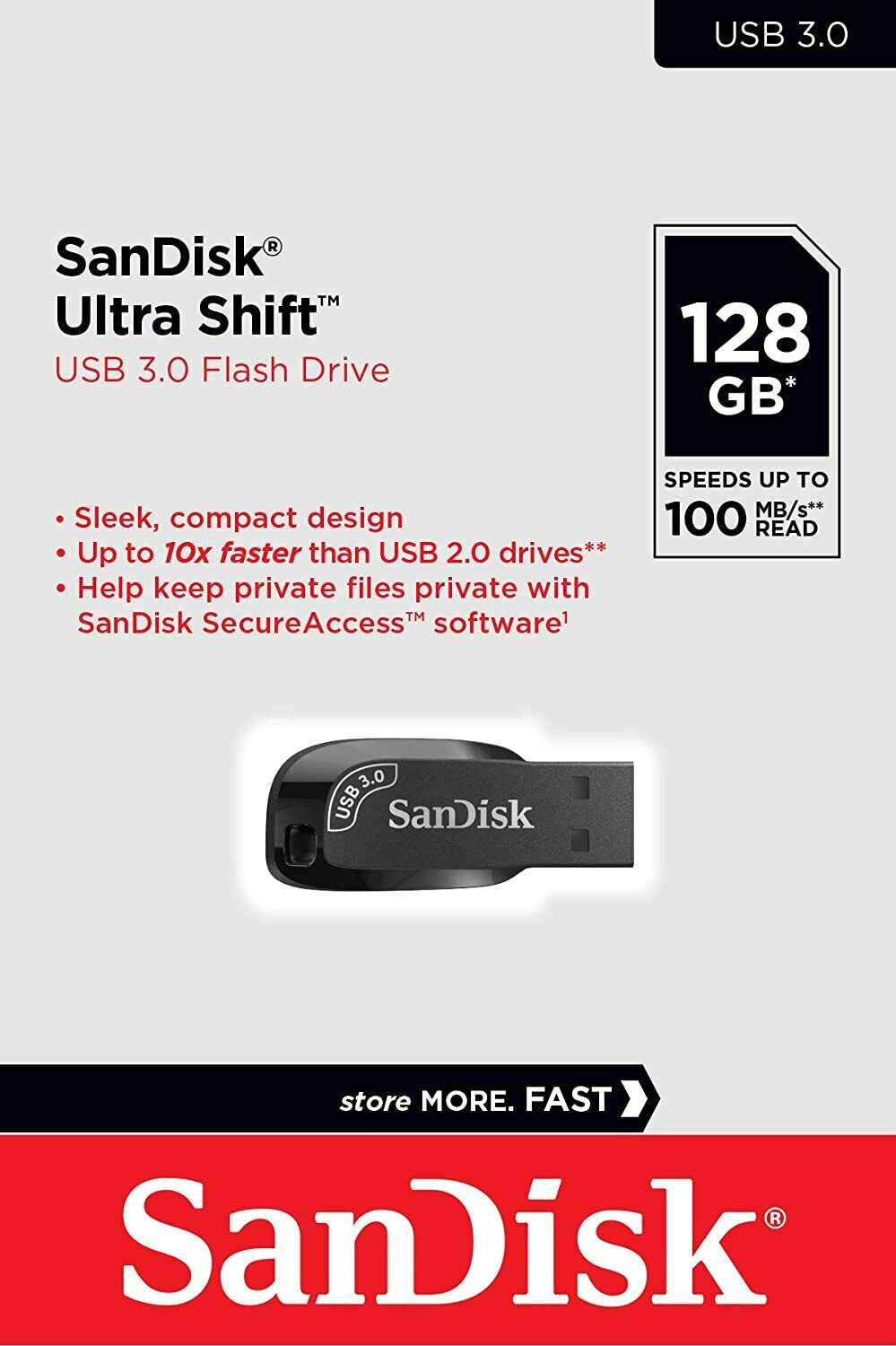 SanDisk Ultra Shift 128GB USB 3.0 FLASH DRIVE High-Speed Data Storage Transfer Device