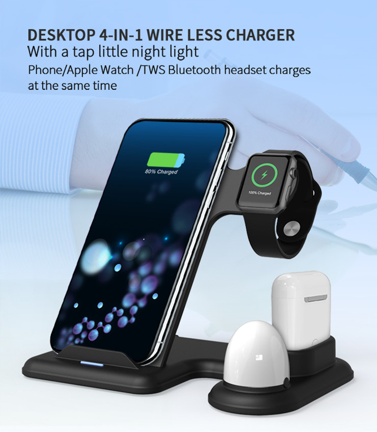 ''15W Wireless Charging Station Stand for iPhone, Apple WATCH, Airpods with Night Light (Black)''