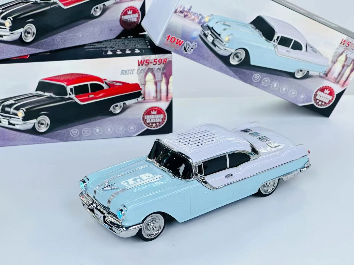 1958 Chevy-Style Bluetooth Car Speaker w/LED Lights, Portable Wireless Audio for Phone, Blue