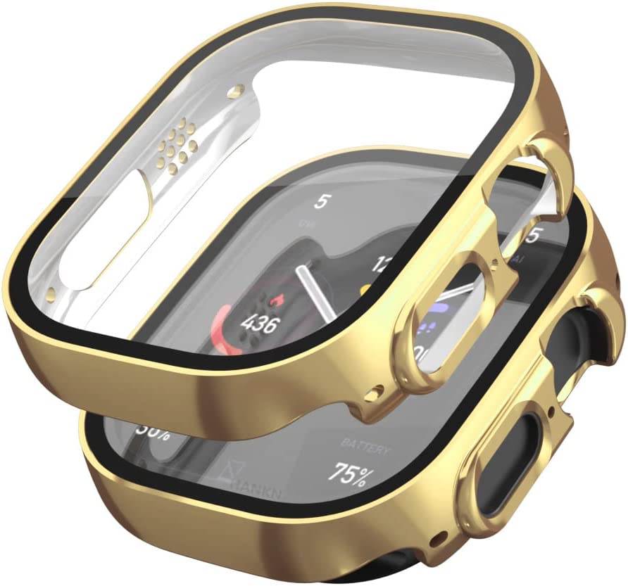 Full Coverage Glass Screen Protector & Shockproof Case for Apple Watch Ultra 2/1 49MM (GOLD)