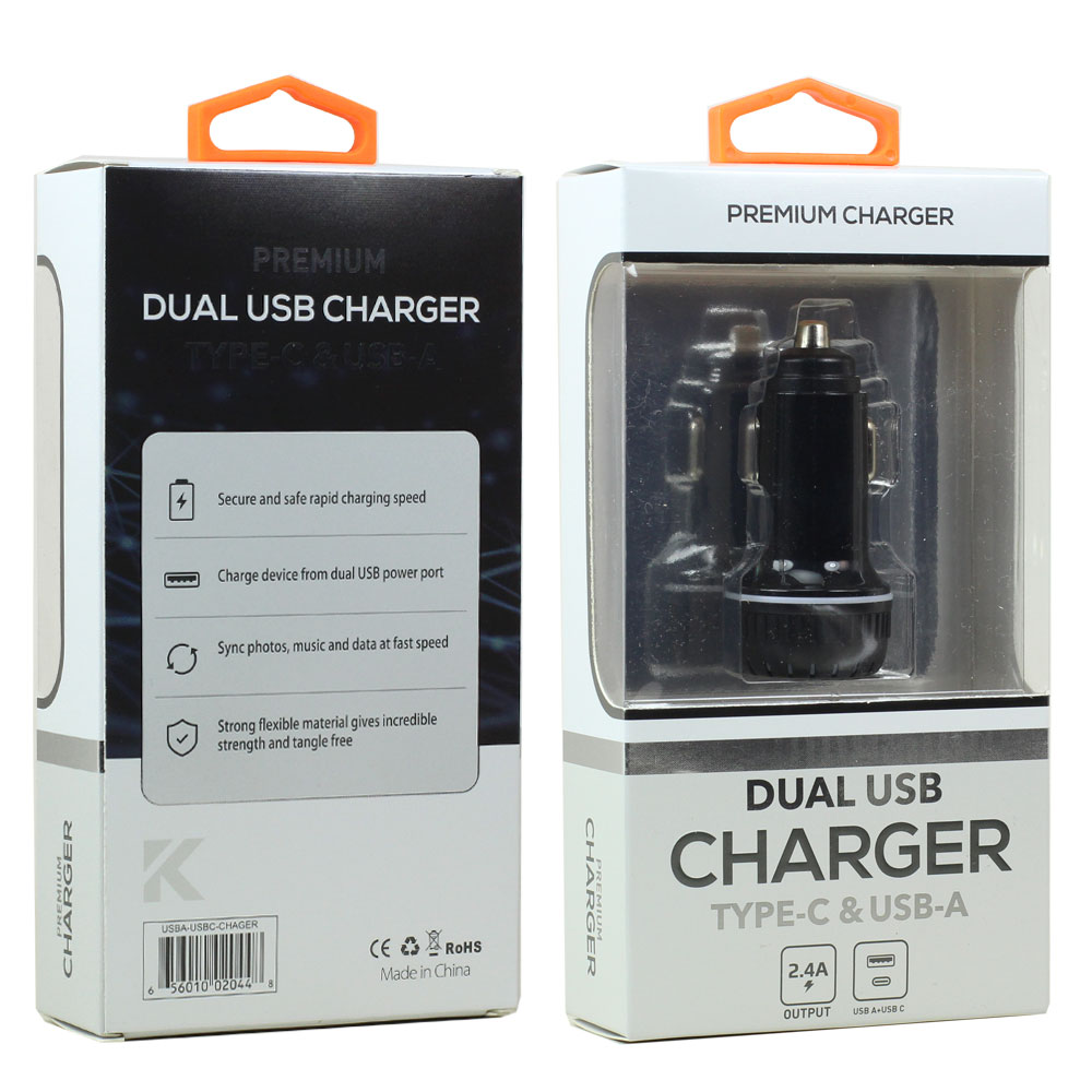 USB-A and USB-C (TypeC) 2.4A Dual 2 Port Car Charger Adapter (Black)
