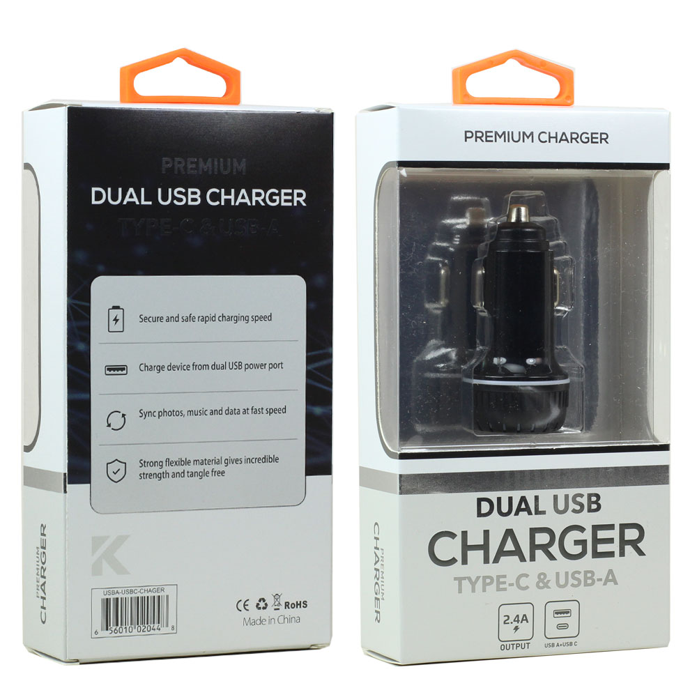 USB-A and USB-C (TypeC) 2.4A Dual 2 Port Car CHARGER Adapter (Black)