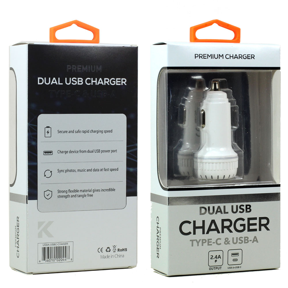 USB-A and USB-C (TypeC) 2.4A Dual 2 Port Car Charger Adapter (White)