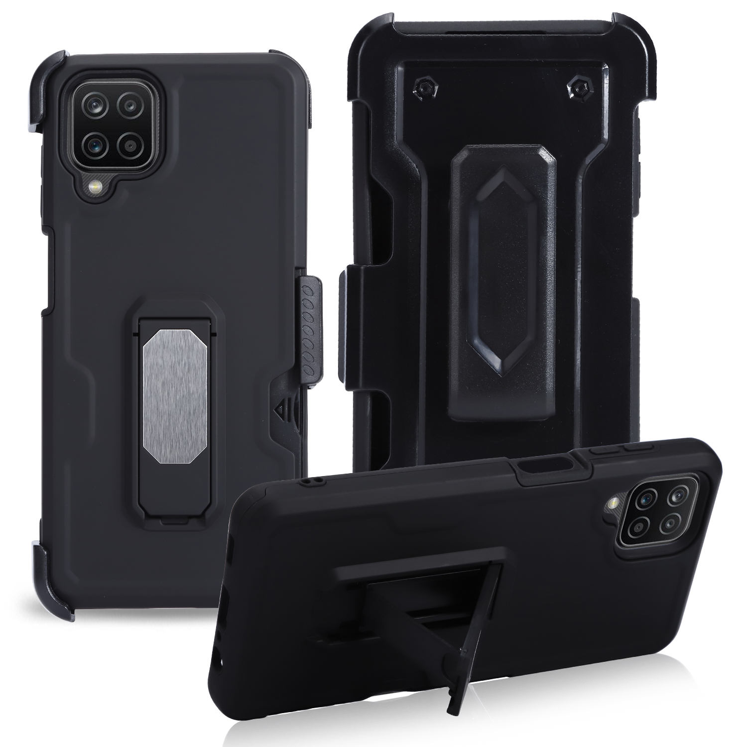 Premium Armor Kickstand Card Slot Case with Clip for Galaxy A12 (Black)