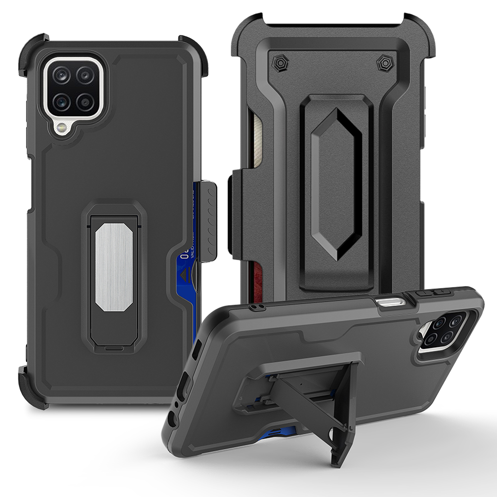 Premium Heavy Duty Kickstand Card Slot Case with Clip for Galaxy A22 5G (Black)