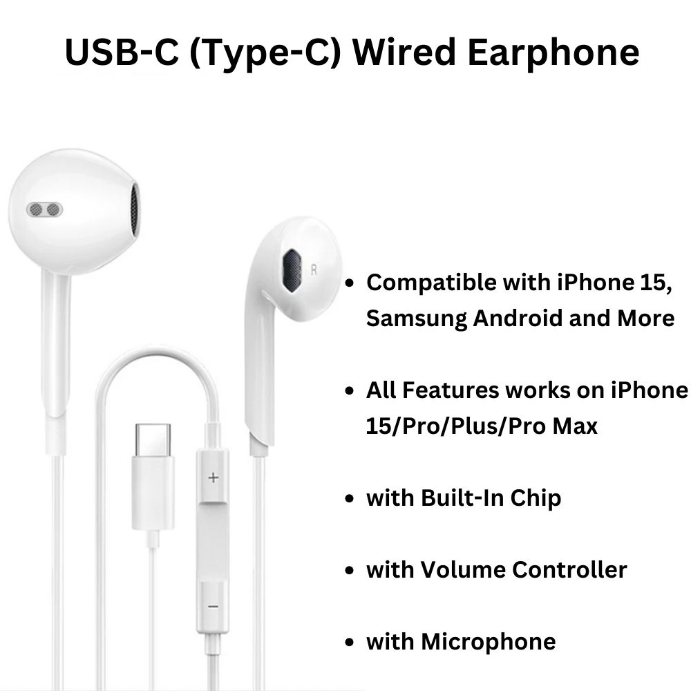 Type-C Stereo Earphones with Mic & VoluMe CONTROL for iPhone & Universal Devices (White)