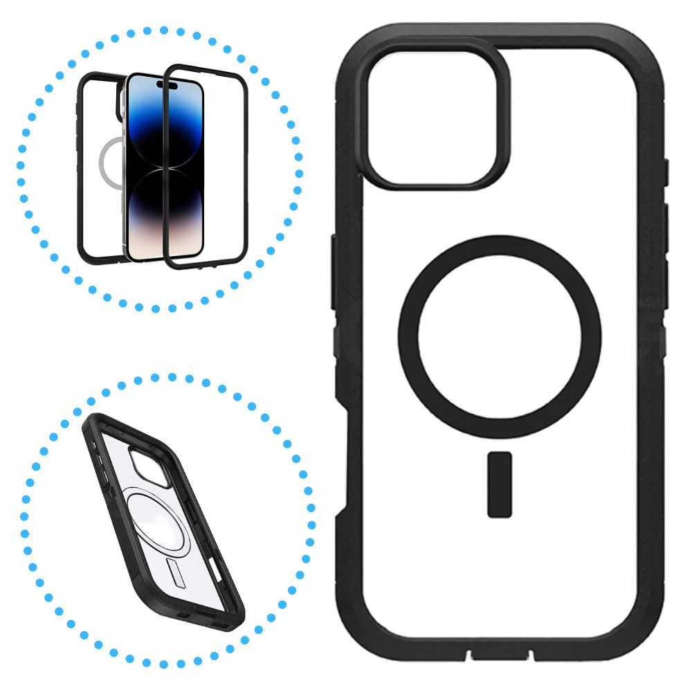 Heavy Duty MagnetiC Defender Case for iPhone 16 - Clear BlaCk, MagSafe Compatible, Military Grade
