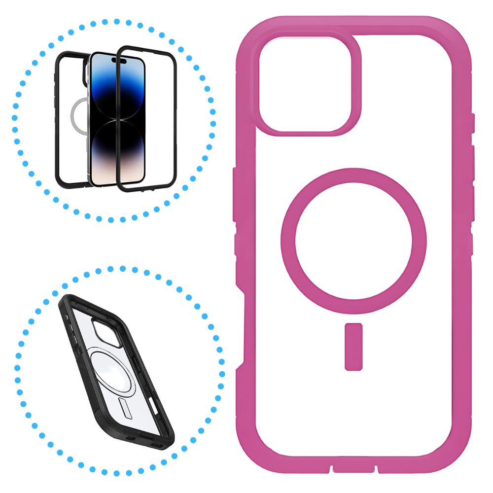 Hot Pink Heavy Duty MagnetiC Defender Case With MagSafe for iPhone 16 Pro - Clear BaCk ProteCtion