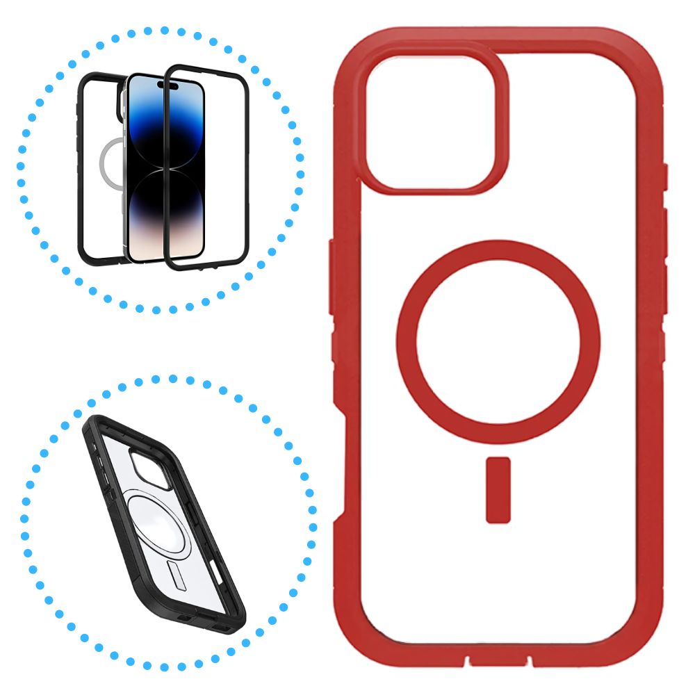 Heavy Duty MAGNETic Defender Clear Case for iPhone 16 Pro, MagSafe Compatible, Red