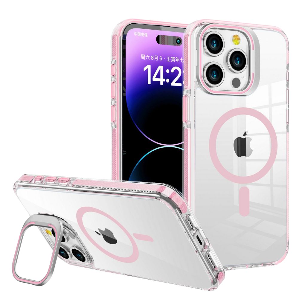 Wholesale Crystal Clear MagSafe Phone Case with Built-In Magnetic Ring and  Kickstand for Apple iPhone 15 Pro Max (Pink)