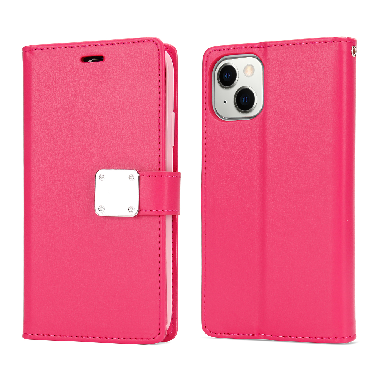Multi Pockets Folio Flip Leather WALLET Case for iPhone 14 [6.1] (Hot Pink)