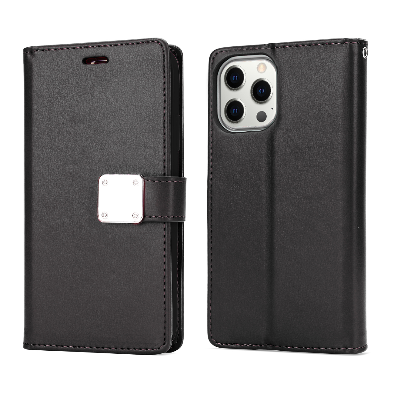 Multi Pockets Folio Flip LEATHER WALLET Case for iPhone 14 Pro [6.1] (Black)